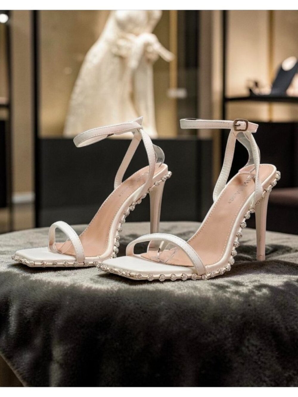 Rhinestone Embellished White High Heel Sandals With Ankle Strap & Square Toe Des